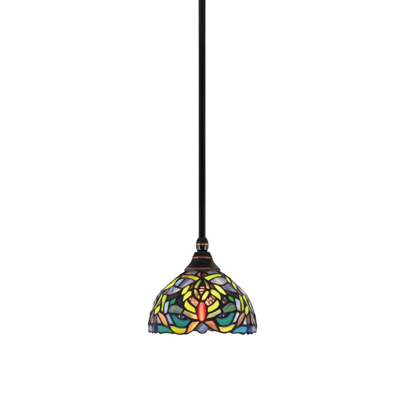 Stem Hung Mini Pendant, Black Copper Finish, With 7” Kaleidoscope Art Glass, Black Copper