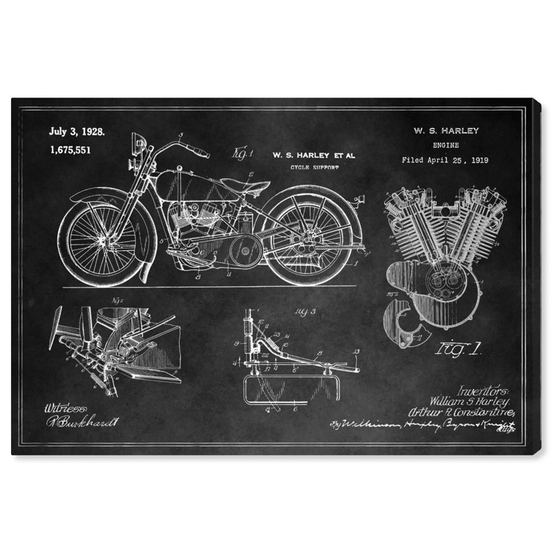 «Harley Engine 1923 Set Horiz Chalkboard», impression encadrée, H 16 po x l 24 po x P 0,75 po, Toile tendue