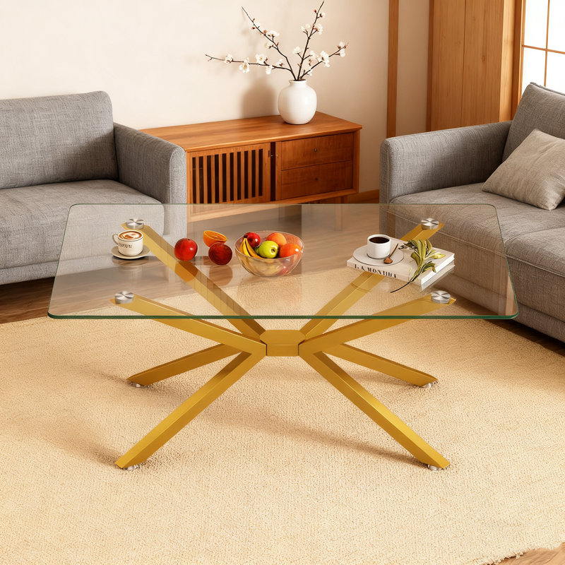 Table basse de 39,37 po rectangulaire en verre trempé transparent, design élégant avec pieds en métal argenté, table basse de salon