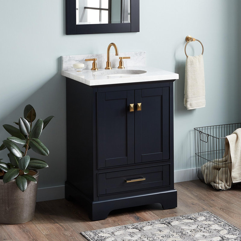 Quen 24" Freestanding Single Basin Vanity Set with Cabinet, Vanity Top, and Oval Undermount Sink, Carrara Marble, Satin Brass