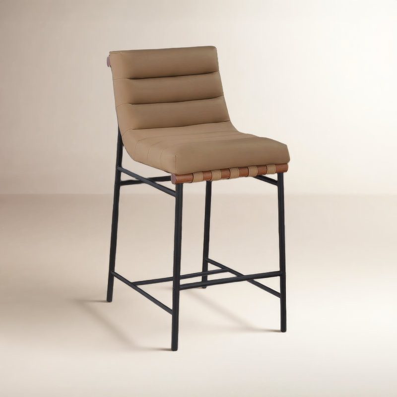 Tabouret de comptoir rembourré Sean Vincentas, Cuir brun clair végétalien, Tabouret de comptoir (siège d'une hauteur de 26,4