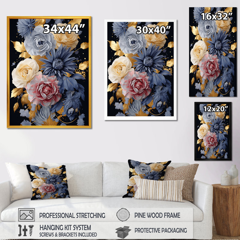 Or rose et bleu Elegance II - art mural rose, H 44 po x l 34 po x P 1,5 po, Cadre simple argenté
