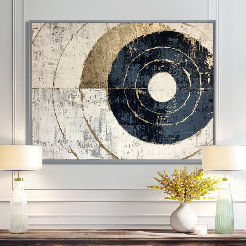 «Beige et bleu», spirale céleste équilibrée I - impression minimaliste sur toile, H 34 po x l 44 po, Argent argent