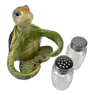 Ensemble sel et poivre en résine verte côtière, motif tortue marine, flacons en verre, couvercles en métal, hauteur 14,6 cm