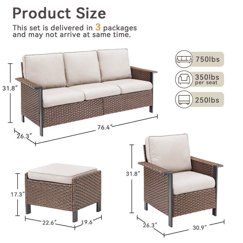 5 Piece Outdoor Patio Wicker Furniture Sets With Rattan Chairs, High Back Outdoor Conversation Set, Beige