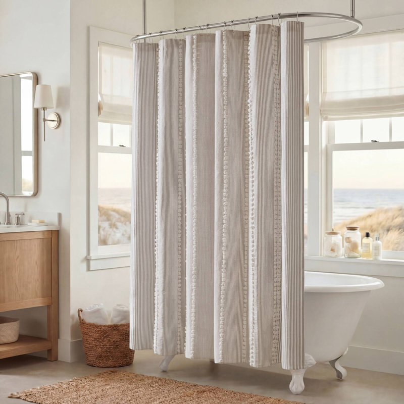 Anslee Cotton Striped Shower Curtain, Gris