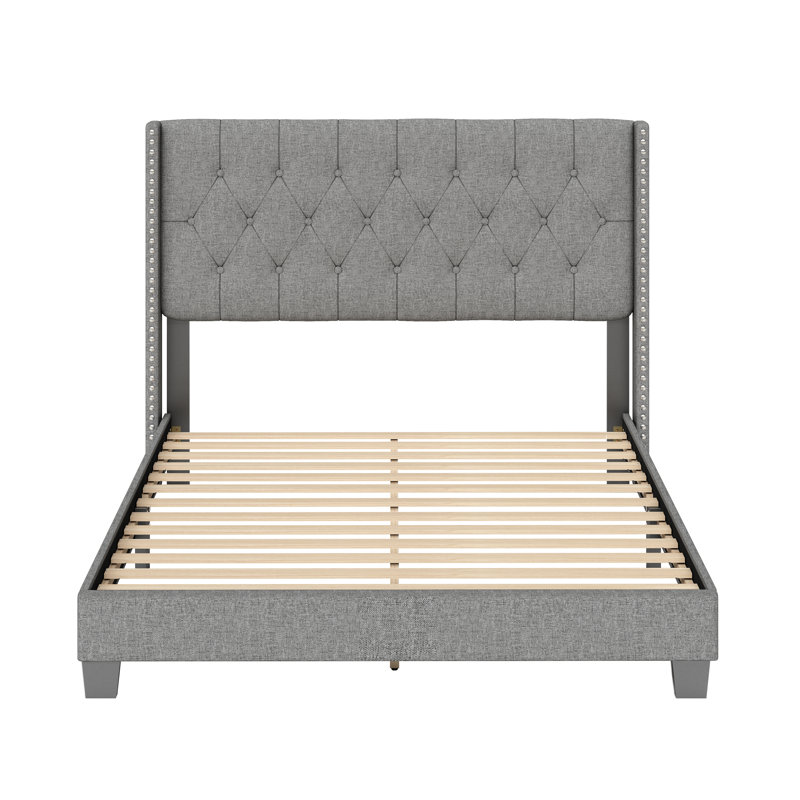 Base de lit en lin Boyd Sleep Mia avec tête de lit capitonnée, aucun sommier requis, Reine, Gris