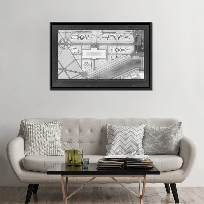 «French Garden Blueprint IV», impression sur toile, H 32 po x l 48 po x P 1,5 po, Toile avec cadre noir, Pas de tapis