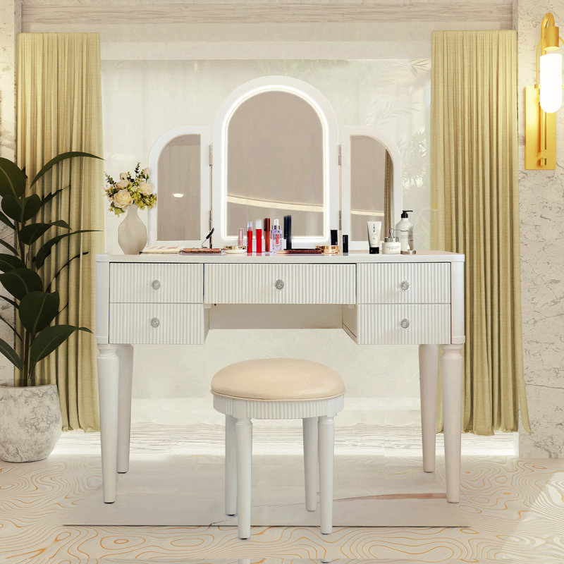 Ensemble de coiffeuse en miroir avec lumière DEL, ensemble de table de coiffeuse blanche pour chambre à coucher / salle de maquillage, bureau de travail, ensemble de meubles, maquillage de coiffeuse
