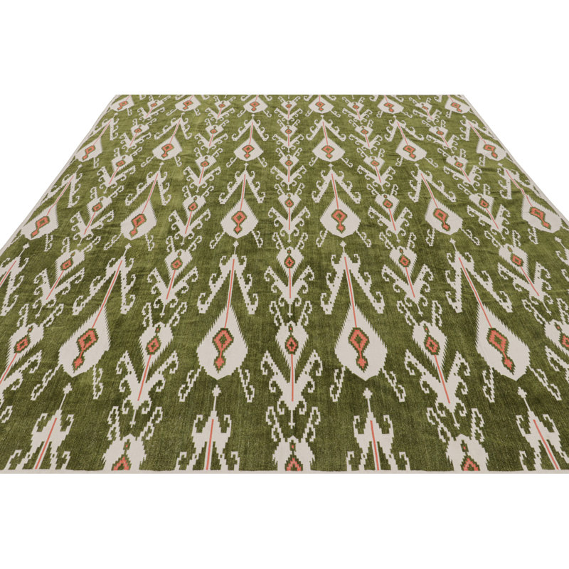 Rug & Kilim’S Contemporary Dhurrie Rug In Green With White & Pink Ikats Patterns