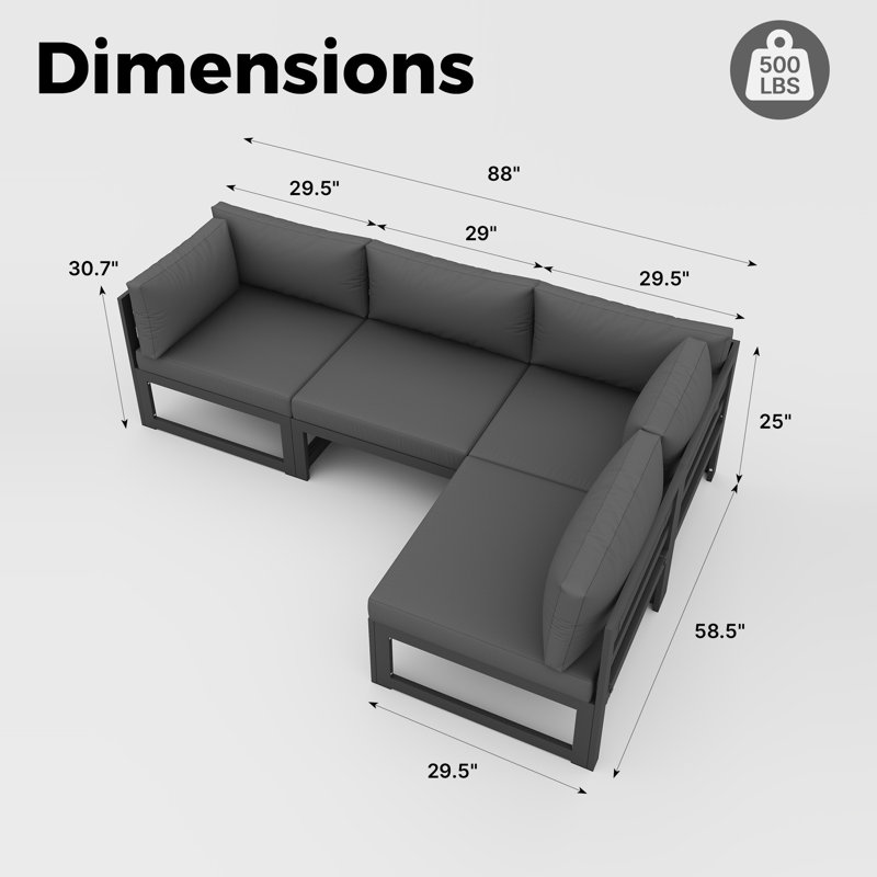 Ensemble de canapés modulaires d'extérieur en aluminium 4 pièces pour 4 personnes avec coussins, meubles de patio en forme de L