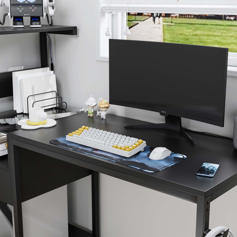 Versatile Computer Desk With Power Outlet, Storage Shelves, USB Ports, And RGB LED Lights For Home Office And Gaming, Black