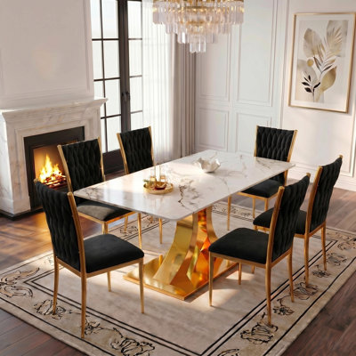 63" Glass Dining Table Set For 6, Pandora Pattern Tempered Glass Table With Convertible Leg Style & Velvet Chairs, For Dining Room, Family Gatherings