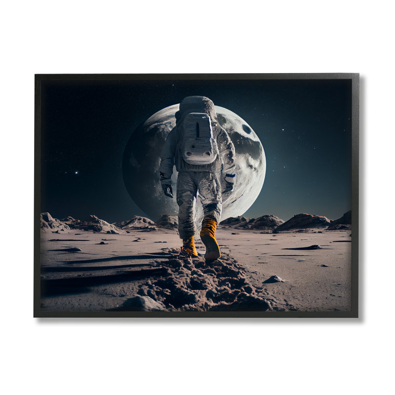 «Man On Moon Outer Space Astronaut» par CyberGeek Design, Giclée encadrée noir minuit, H 14 po x l 11 po x P 1,5 po