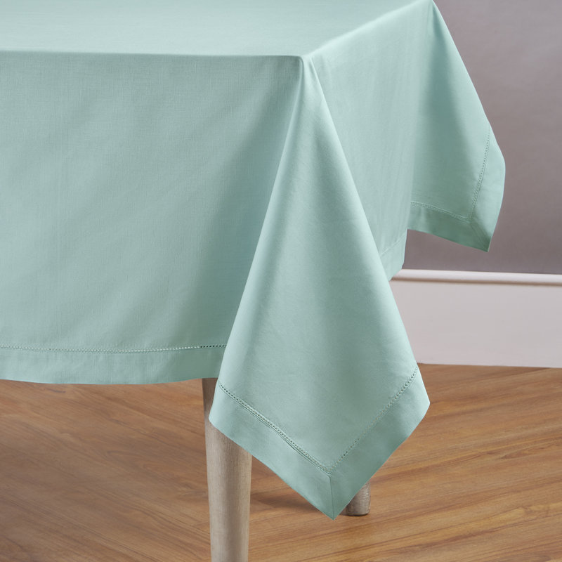 Cotton Linen Hemstitch Tablecloth, 120" x 60", Pastel Turquoise