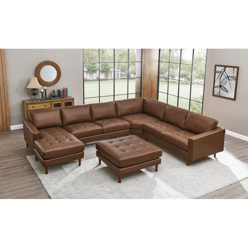 Canapé modulaire faisant face à la droite avec repose-pieds de 142 po Mentzer, Cuir de châtaignier assorti