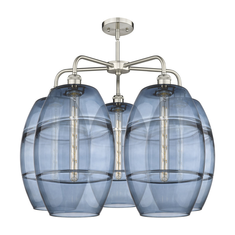 Dundrod 5 - Light Steel Dimmable Round / Oval Chandelier, Satin Nickel, Princess Blue, 24" H x 28" W x 28" D