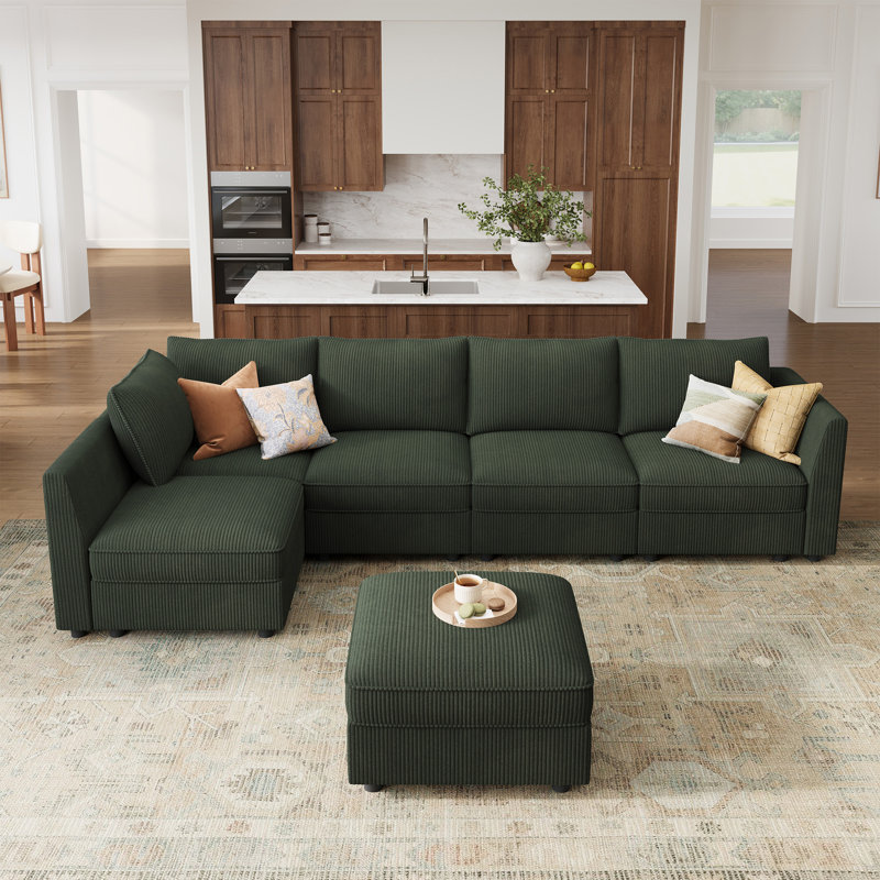 Tremee L-shaped Modular Sleeper Sofa Upholstered Sectional Sofa Couch Green, Green Corduroy