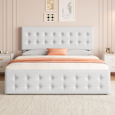 Très grande base de lit en cuir PU avec 4 tiroirs, tête de lit réglable, blanc