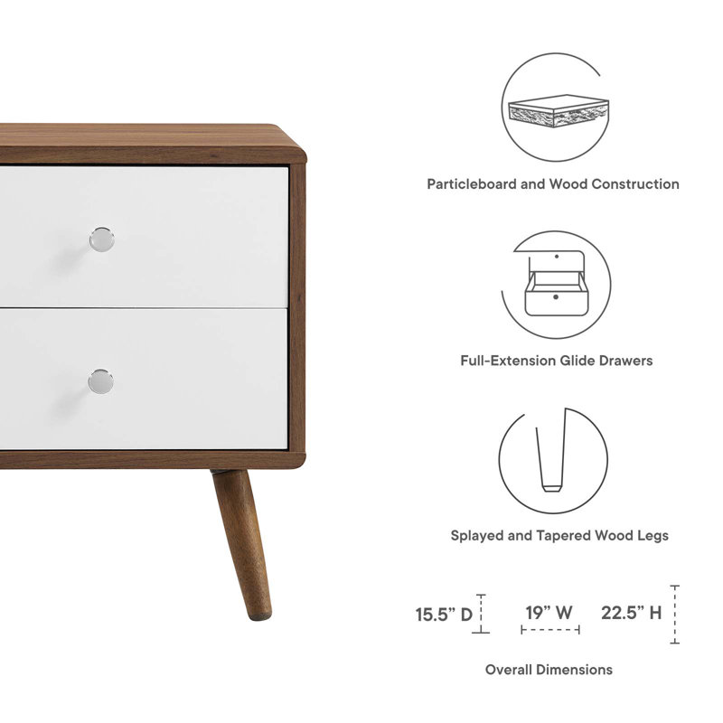 Walnut and White 2-Drawer Mid-Century Modern Nightstand
