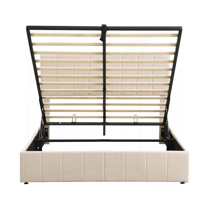 Grand lit plateforme tapissier avec système de rangement hydraulique - beige