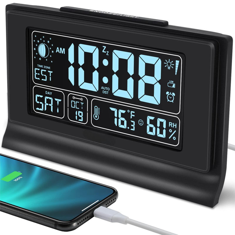 Alarm Clocks For Bedrooms With Battery Backup, Auto Set Digital Clock With Date And Day Of Week, Indoor Temperature Humidity, Moon Phase, Dimmer, Auto DST, USB Port