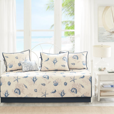 Literie pour 6 lits de jour, imprimé réversible bleu, taille de matelas simple, housse de 17 po, 15 po, 3 taies décoratives, 1 coussin décoratif, décoration de salon Coastal Touch, collection de housse lavable à la machine, microfibre