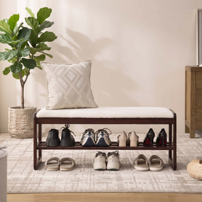  Solid Wood Shoe Bench with Cushion, 2-Tier Entryway Storage Bench
