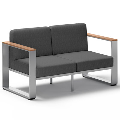 Sofa deux places d'extérieur en aluminium de 137 cm de large, avec coussins de 15 cm d'épaisseur et revêtement en maille textilène.