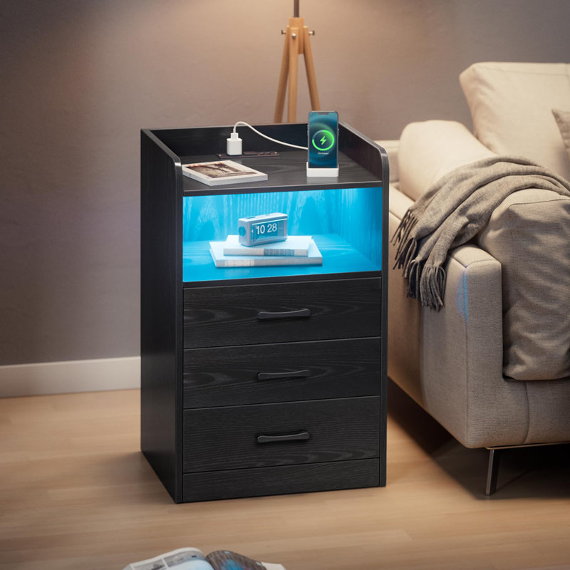 Ifsa Nightstand with Charging Station and LED Light Strips, End Table with USB Ports and Outlets, Black