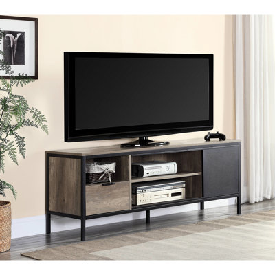 Rustic Oak Tv Console With Metal Legs And Compartments For Electronics Rectangular Stand Leg Supports Storage