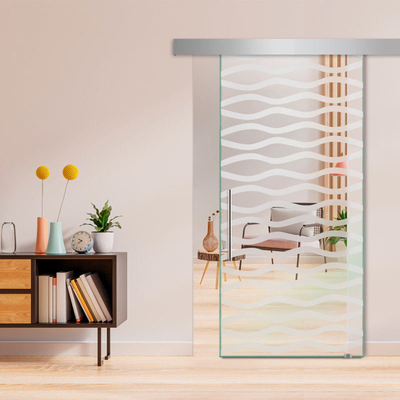 Porte de grange coulissante en verre sans cadre avec design moderne givré + ensemble de quincaillerie (non privé)