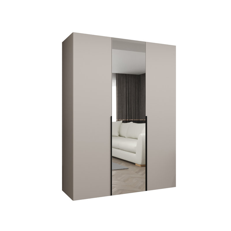 Wardrobe Cante 2, Mirror, Standard Doors, 202 H x 150 W x 52 D, cashmere + handles: black