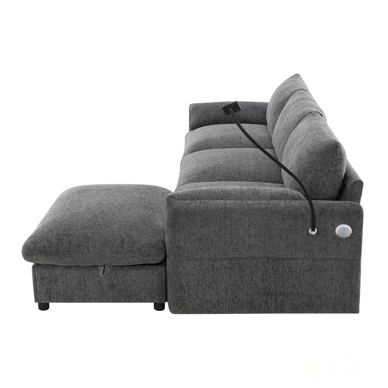 Canapé modulaire en L 96,5 po avec repose-pieds, support de téléphone réglable, chargeur USB et accoudoirs rembourrés pour une vie confortable
