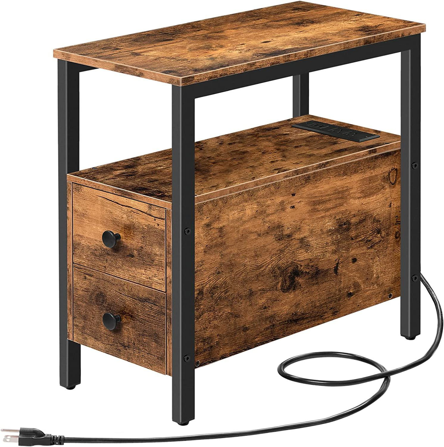 End Table with 2 Wooden Drawers and USB Ports & Power Outlets 17 Stories Color: Rustic Brown