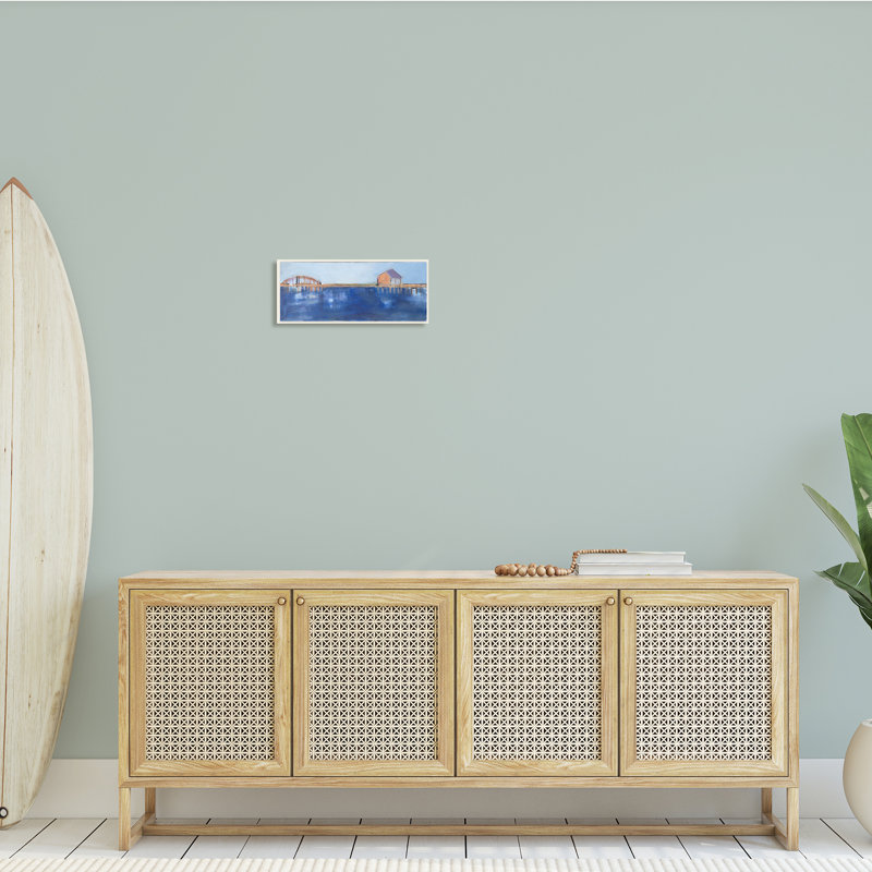 «Abstract Bay Landscape Deep Blue Water Bridge Architecture» par Susanne Marie - Peinture, H 7 po x l 17 po, Bois