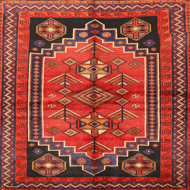 Tapis traditionnel rouge / noir / jaune clair, Rond 3 pi