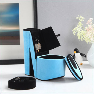 Jewelry Box, 9” Tall High Heel Shoe Design with Hidden Storage, Manufactured Wood | Turquoise Velvet