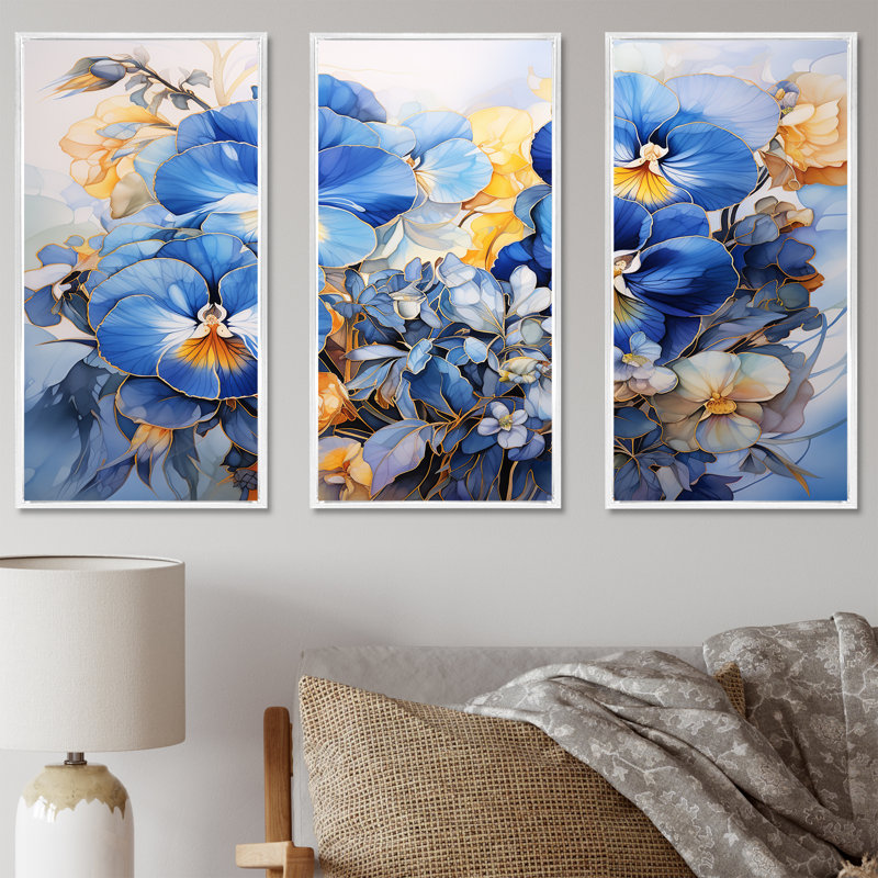 «Elegant Blue Pansy Garden - Pensies», ensemble d'art sur toile, H 28 po x l 36 po x P 1 po, Cadre flottant blanc