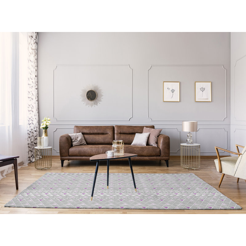 Tapis gris/rose zone triangles dessiné à la main, Rectangle 9 pi x 12 pi