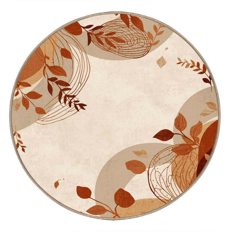 Machine Washable Ortmund Autumn Leaves Modern Rustic Abstract Rug in Beige – Beige Binding, 7' Round