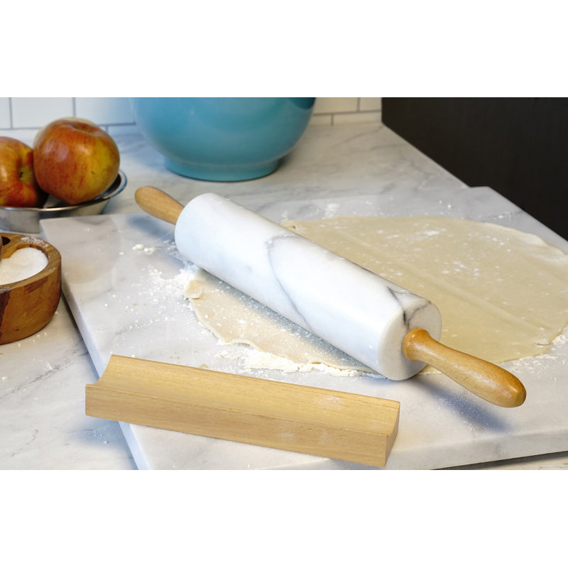 White Marble Rolling Pin with Wooden Handles and Stand