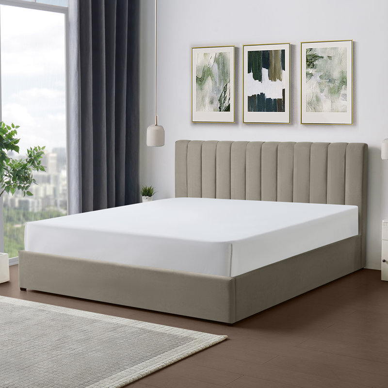 Evelynne Fabric Ottoman Bed Frame with Storage - , Kingsize (5'), Tan