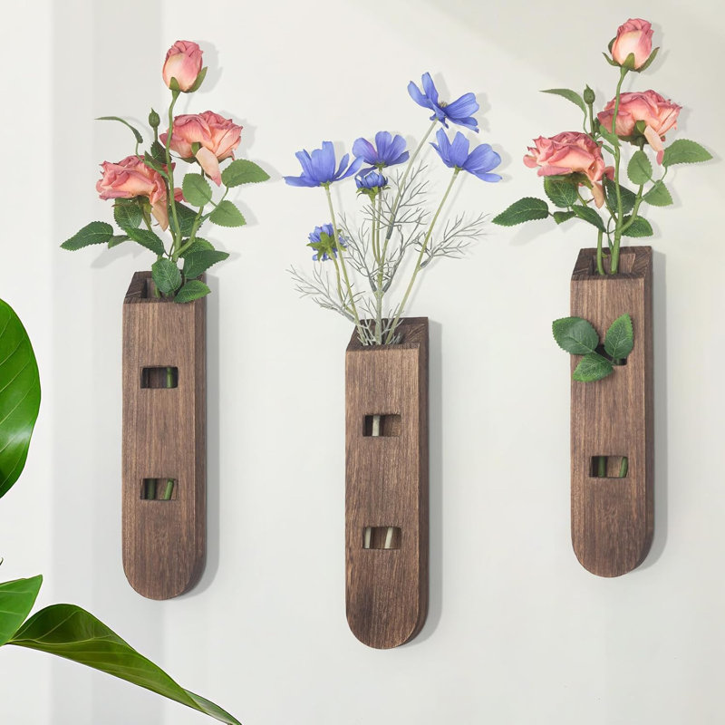 Ensemble de 3 pots de fleurs en bois, décoration murale Boho pour salon, entrée de ferme moderne ou décor de salle de bain, art esthétique de vase en bois pour décorations murales