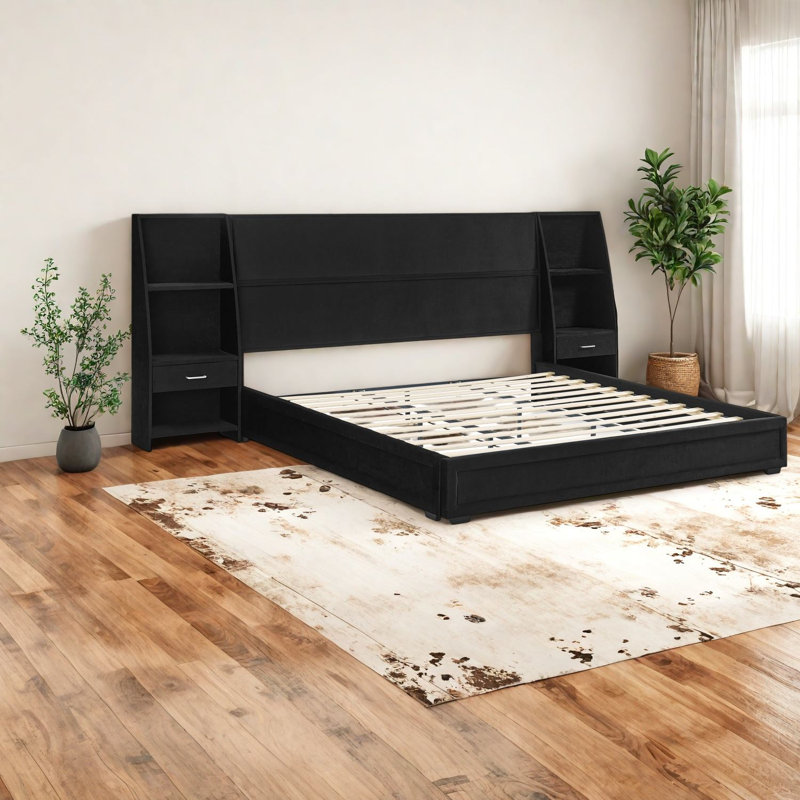 Lits avec rangement, plateforme en panneau de fibres à densité moyenne très grand, velours noir moderne pour la maison