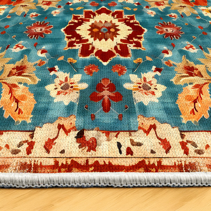 Larissa Collection Digital Print Cotton-Polyester Blend Rug – Teal & Red, Runner 2'8" x 14'10"