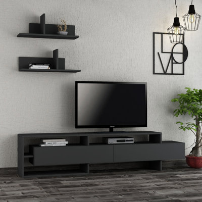 Modern TV Unit with Wall Shelf, Anthracite Color, 70.9 x 16.5 x 12.6 inches | 100% Melamine Coated Particle Board, Thickness: 0.7 inches | Soft-Close Hinges, Numerous Shelves, Perfect for Stylish Living Rooms