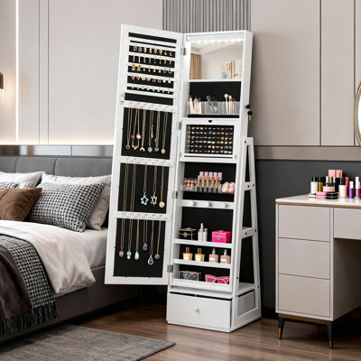 Armoire à miroir blanche avec 1 porte et 1 tiroir en tissu et 3 tablettes