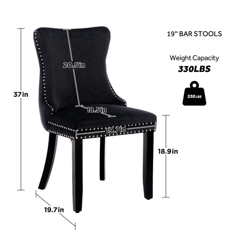 Ensemble de 4 chaises de salle à manger en velours capitonné cloutées en bois massif, Noir