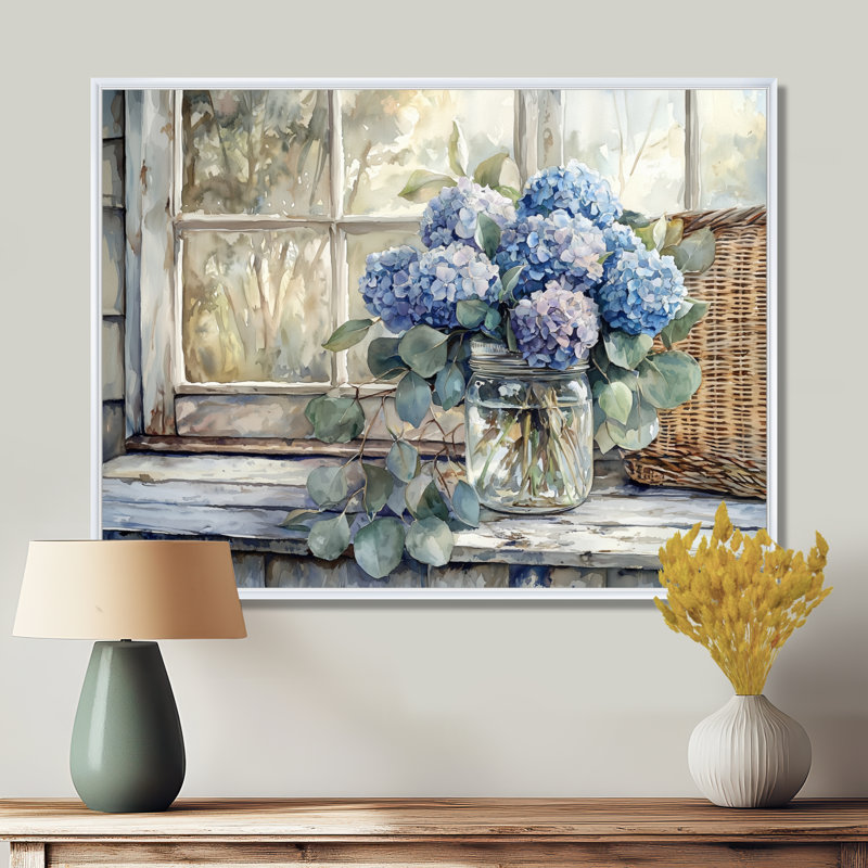 Art mural sur toile, "Hortensias et eucalyptus I" de Dorcy, H 30 po x l 40 po, Impression encadrée flottante, Blanc